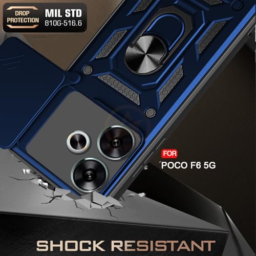 Image of Armor Bumper Back Cover Case for Poco F6 5G | Rotating Camera Cover, Ring Holder & Kickstand | Heavy Duty & 360 Degree Protection Poco F6 5G Back Cover (Blue)