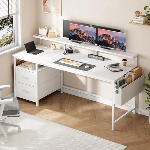 Klyvvo 140x48 cm Rechteckig Schreibtisch mit 2 Schubladen, 1 Hängeorganizer, Monitorständer, Kabeltüllen,3-Verstellbare Höhe,Umkehrbar Ergonomisch Computertisch für Homeoffice,Studieren,Gaming,Weiß