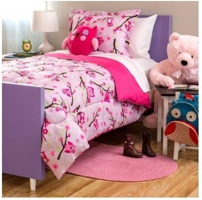 Twin Size Kids Pink Owl Animal 4-piece Comforter Bedding Set with Pillow Includes Custom Mouse Pad