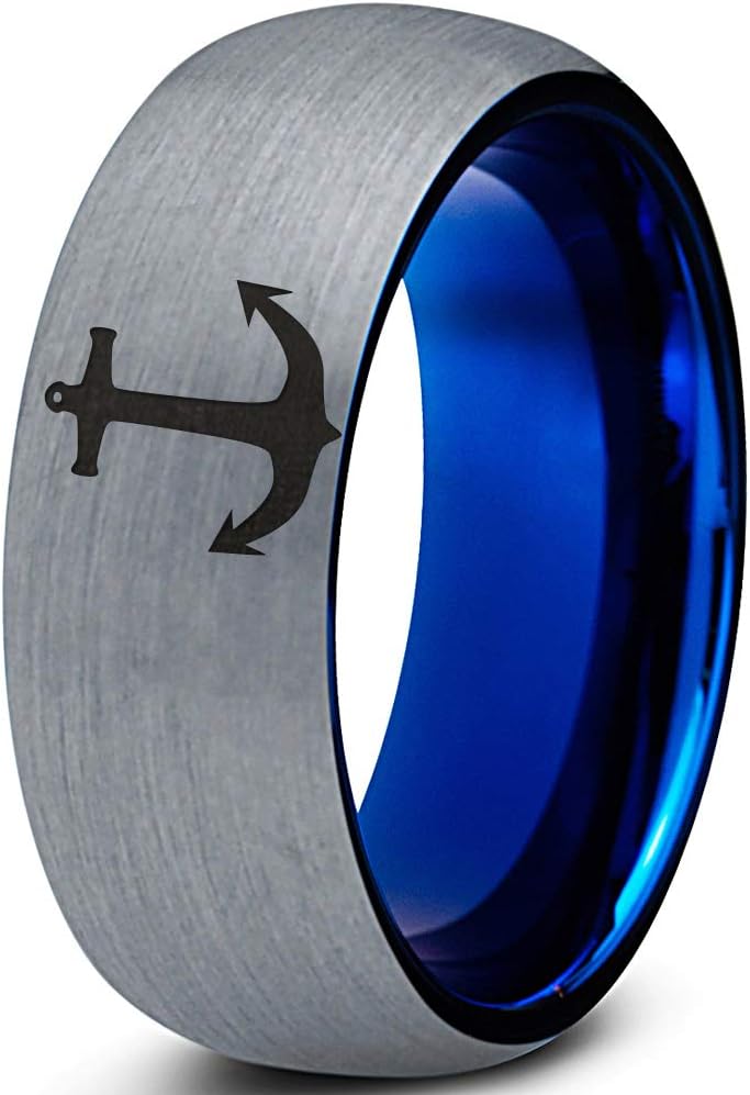 Anchor Sailor Navy Ring - Tungsten Band 8mm - Men - Women - 18k Rose Gold Step Bevel Edge - Yellow - Grey - Blue - Black - Brushed - Polished - Wedding - Gift Dome Flat Cut