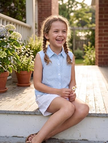 Image of Girls Plaid Sleeveless Button Down Shirt Summer Crop Tops Tie Knot Blouse Tank Tops 4-13Y
