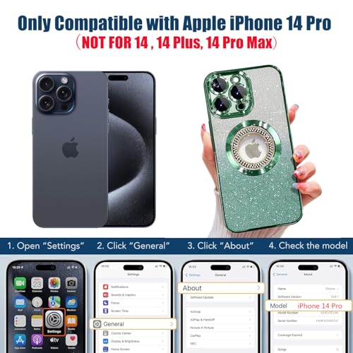 Image of Misscase for iPhone 14 Pro Magnetic Case Compatible with MagSafe,Full Protection Slim Shockproof Anti-Scratch Glitter Case with Camera Lens Protector Logo View Dust-Proof Net for Women Green
