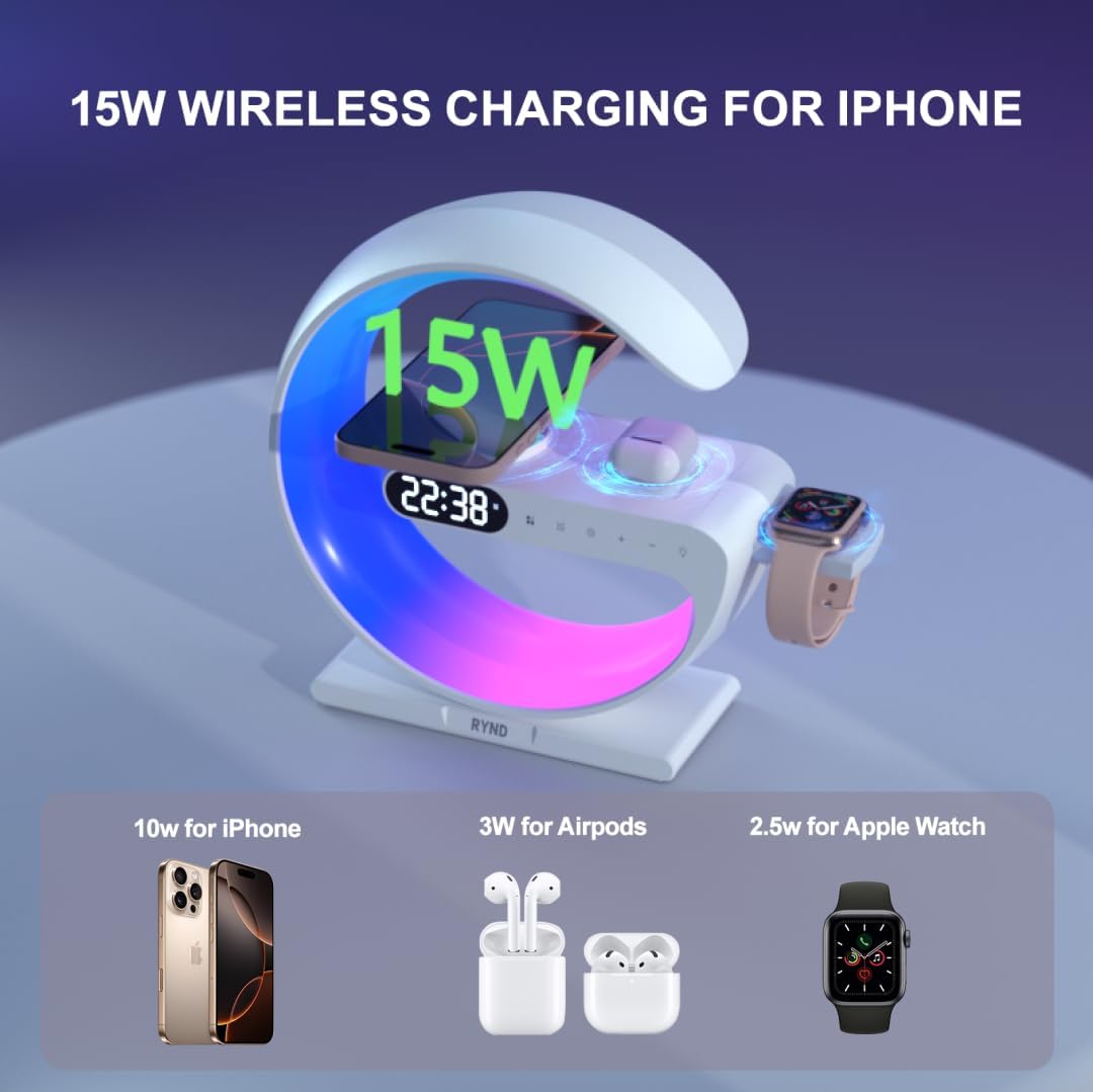 RYND 2026 Magnetic 5 in 1 Speaker Alarm Clock with Wireless Charger, Bedside Lamp with Adjustable Night Light, Gift for Family/Friends(White) - Image 4