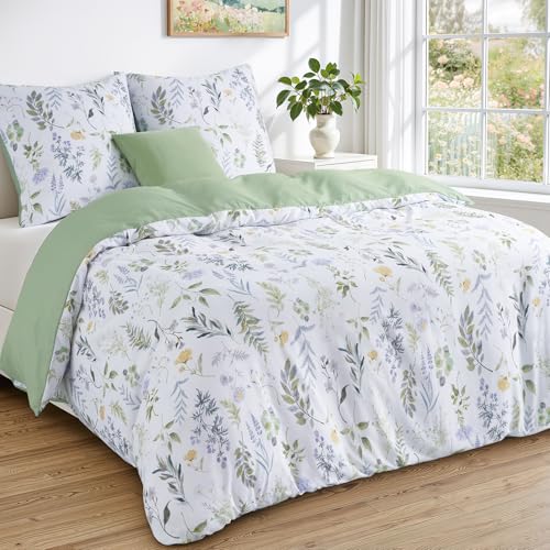 Duvetnova Blumen Bettwäsche 220x240 3teilig Frühling Sommer,Bettwäsche Grün Salbeigrün Aesthetic Superweiche… – Ansicht 1