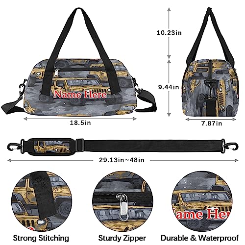 Custom Name Small Kids Overnighter Duffle Bag for Boys Girls Cartoon Jeep Truck Car Personalized Lightweight Gym Sports Duffle Bag Travel Weekender Tote Carry on Bag Customized Kids Gifts4