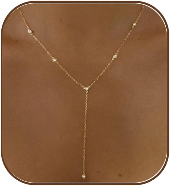 Fwlisesa Lariat Necklace for Women, Dainty Layered Gold Long Necklaces 14k Gold Plated Beaded Bar CZ Drop Necklace Simple Gold Y Choker Necklaces for Women Trendy Gold Jewelry Gifts for Women