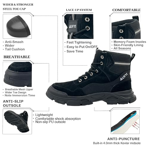 Men’s Steel Toe Work Boots, Suede Leather Lightweight Safety Shoes, Slip Resistant Rubber Sole for Construction & Warehouse2