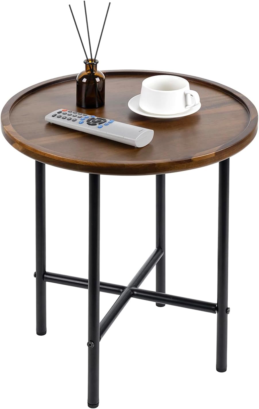 MyGift Round End Table, Premium Acacia Solid Wood End Table with 19 Inch Wooden Top and Black Metal Frame, Small Side Table for Home Living Room Bedroom Furniture