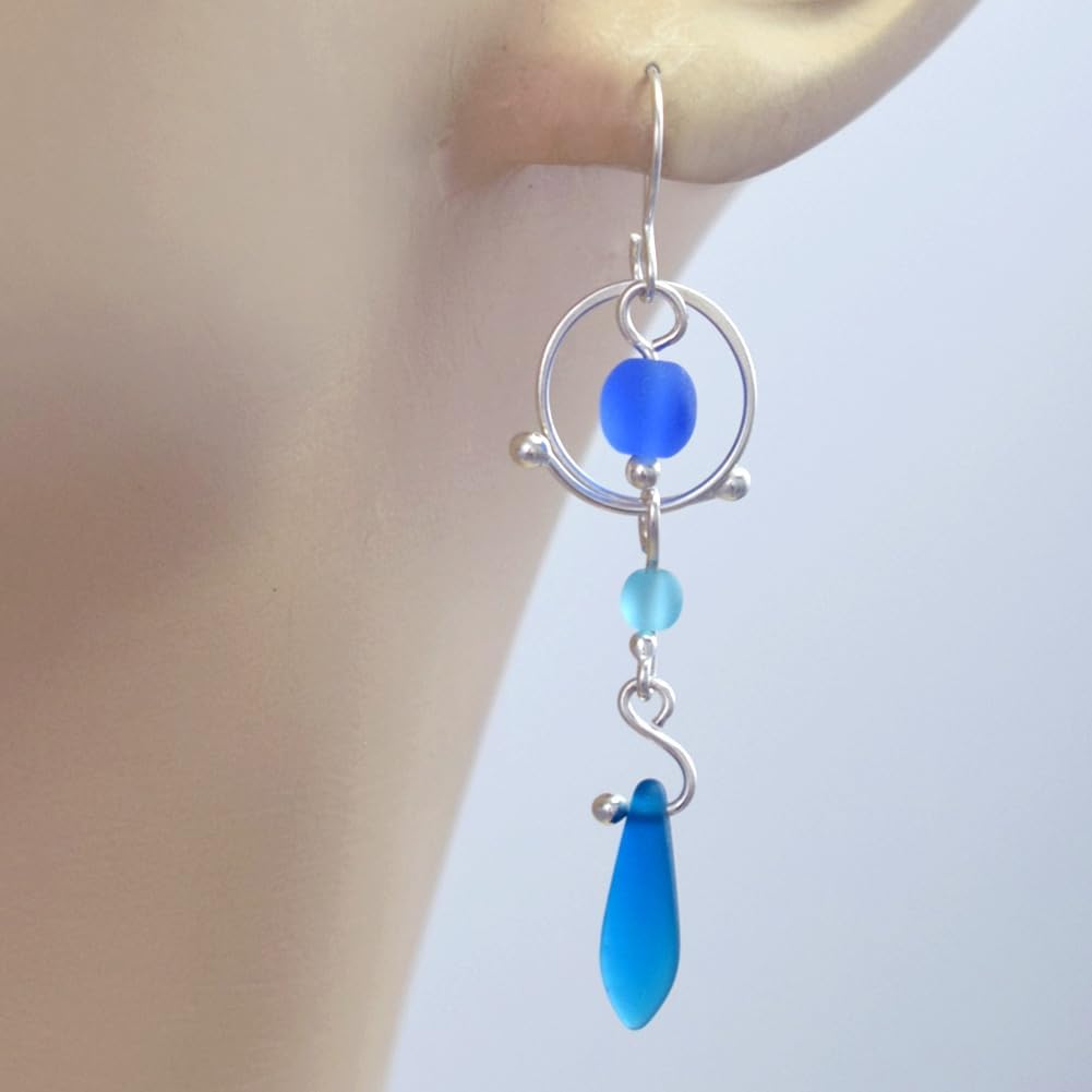 American Made Recycled Glass and Sterling Silver Bubble Dot Earrings, 2", Shades of Blue