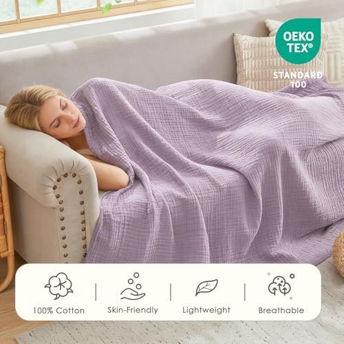 Image of EMME Cotton Muslin King Blanket Bed Layering Bedspread Coverlet Breathable Gauze Soft Lightweight (Heather Lavender, 108 inchx90 inch)