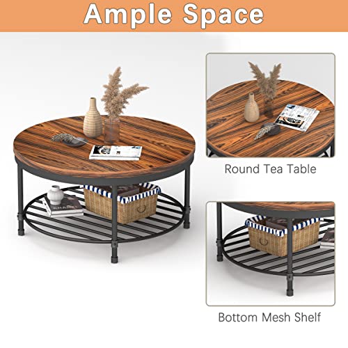 Image of Round Coffee Table, Rustic Wood Surface Top & Sturdy Metal Legs Industrial Sofa Table for Living Room Natural End Table Modern Design Home Furniture with Storage Open Shelf(Dark Red Brown)