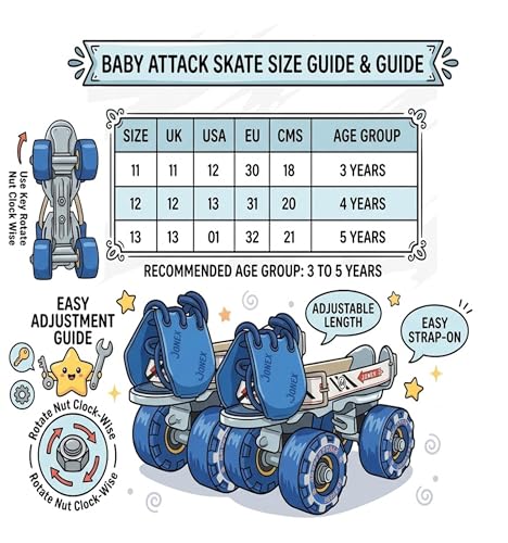 Image of Jonex Unisex Attack Adjustable Quad Roller Skates for Junior Kids (3-6 Years), Indoor Outdoor Wheels, Metal Body, 56 mm Wheels, Color - Blue