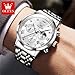 OLEVS Men Analog Quartz Watches Fashion White Dial Watches for Men Chronograph Sliver Stainless Steel Day Date Waterproof Watch Roman Numerals Luxury