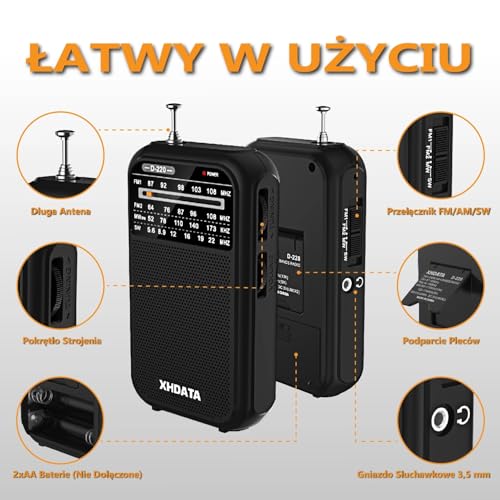 XHDATA D220 małe radio FM AM SW UKW retro, mini przenośne radio, radio na baterie (AA), odbiornik światowy z doskonałym odbiorem i głośnikiem, do użytku na zewnątrz, dla seniorów (czarne)