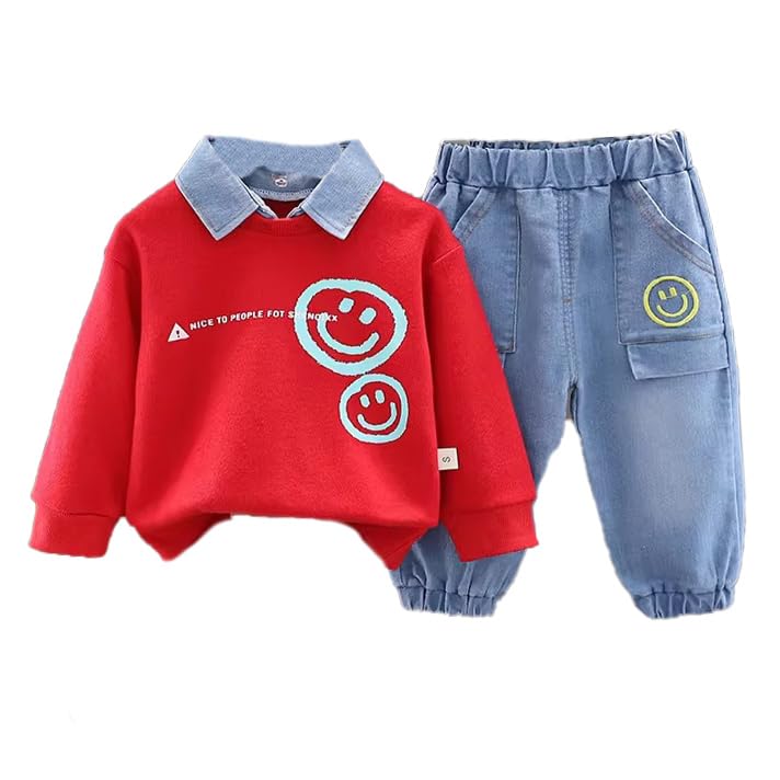 bold n elegant Baby Boys Denim Solid Happy Face Smile Print Full Sleeve Collar T-Shirt and Pant Party Clothing Set-picture-29