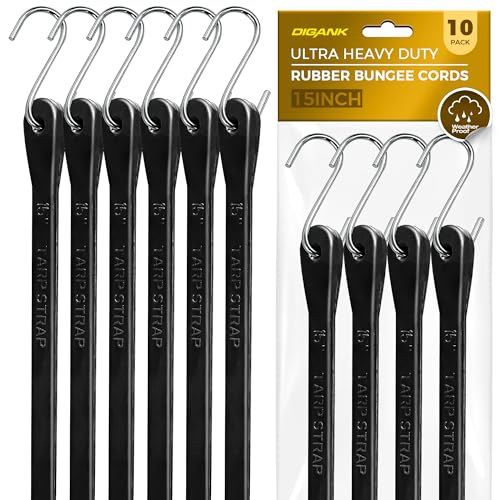 Digank 15in Bungee Cords with Hooks, 180 lb, 10-Pack