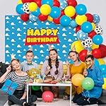 54 PCS Cartoon Story Themed Birthday Decorations Cartoon Story Backdrop and Blue Red Yellow Cow Print Balloons Arch Kit Blue Sky White Cloud Background Boys Kids Party Supplies - Image 4