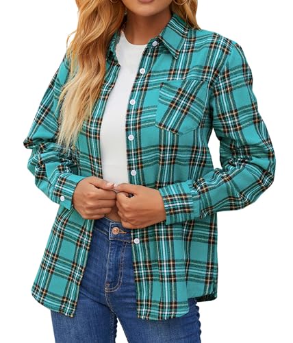 Image of SANGTREE Women and Girls Long Sleeve Flannel Casual Button Down Plaid Shirt