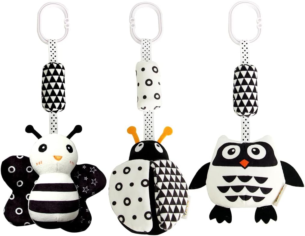 KAKIBLIN Baby Hanging Toy,3 Pack Black and White Baby Toys for 3 6 9 12 Months, High Contrast Hanging Toys,Plush Soft Stroller Rattles Toy for Boys and Girls(21CM, Ladybug,Bee & Owl) Ladybug,Bee & Owl 21CM