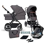 Kinderkraft B-TOUR Kombikinderwagenset 3 in 1 komplettset, Kinderwagen bis 22 kg mit Autositz, großen XL-Sitz, wasserdichtes Verdeck mit UPF50+ Filter, Regenfolie Insektenschutz Fußsack im set, Gray