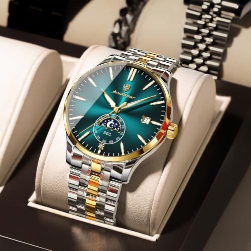 Poedagar Men Moon Phase Quartz, Luminous 3ATM Waterproof Steel Bracelet (Silver Green) - 5