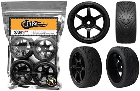 FireBrand RC Scorch-RT On-Road Race Wheels and FireFang Treaded Race Tires, Galaxy Black (Directional, Set of 4 – Pre-Glued) 1:10 Scale RC Wheels