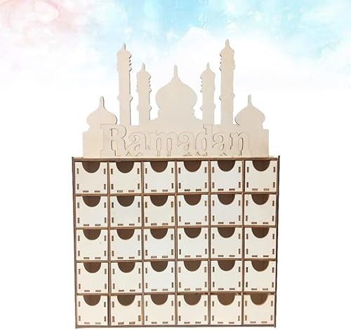 Miniatura 5 de ULTNICE Calendario de Adviento de madera, calendario de cuenta regresiva de Eid Mubarak, cajón de madera, decoración de Ramadán musulmán para