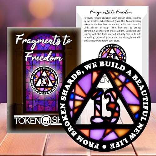 Image of Stained Glass 13 Year AA Chip Sobriety Coin Medallion, Fragments to Freedom Alcoholics Anonymous Addiction Recovery Anniversary Token, Inspirational Sober Gifts for Men and Women by the Token Shop