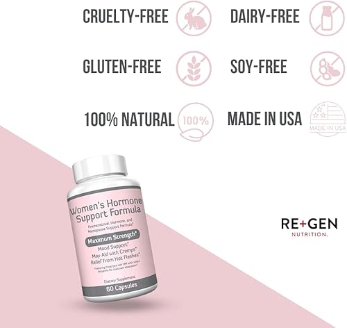 Miniatura 6 de Re+Gen Nutrition Apoyo al equilibrio hormonal para mujeres, suplemento con vitamina E, Dong Quai y DIM 200 mg con BioPerine, PMS, sofocos, cambios