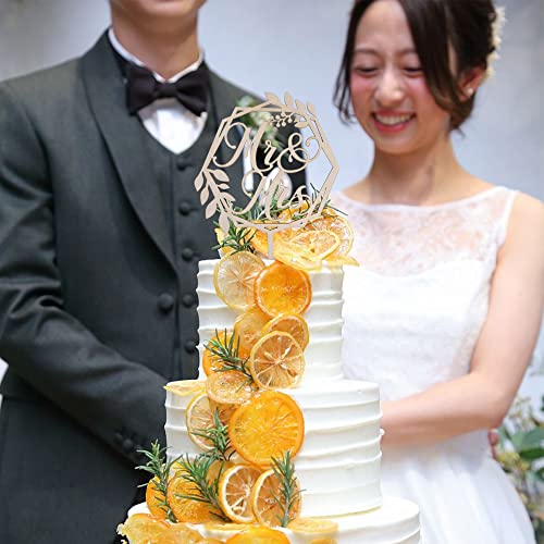 1 Pcs Mr & Mrs Cake Topper Wooden Leaves Wreath Wedding Engagement Cake Picks Bridal Shower Theme Birthday Party Cake Decorations Supplies #TOP3
