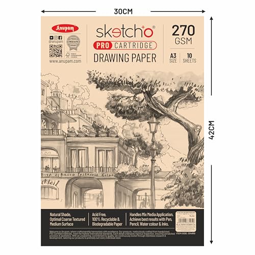 Image of Anupam SketchO Pro Sketching & Drawing Paper A3 | 10 Sheet 20 Pages | 270 GSM Sheet for Pencil, Charcoal, Graphite, redchalk Pastel, Chalk, Oil Pastel & Wax Crayon for Artist's & Amateurs (Set of 2)