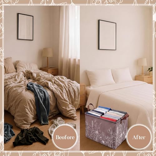 Image of Fourluoo 6 Pack Floral Storage Basket with Handles Clothes Storage Basket Bin Foldable Box Bins Organizer for Closet Shelf Nursery Kid Room Book Toy Chest(6,Flower Line Drawing)