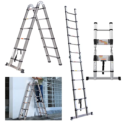 12.5FT Telescopic Ladder A-Frame Ladders Extendable Loft Ladder for Home Loft Office DIY,1.9M+1.9M Stainless Steel Folding Multi Purpose Loft Ladder with 12 Adjustable Steps,EN131