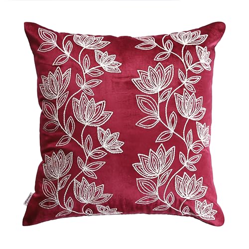 Image of Home - The Best is for You Burgundy Velvet Floral Embroidered Cushion Cover | Pack of 2, 18x18 Inch