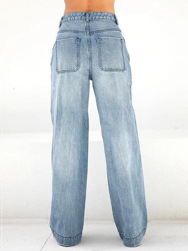 EMMIOL Mid-Low Rise Baggy Jeans for Women, Straight Leg Vintage Boyfriend Jeans with Distressed Details