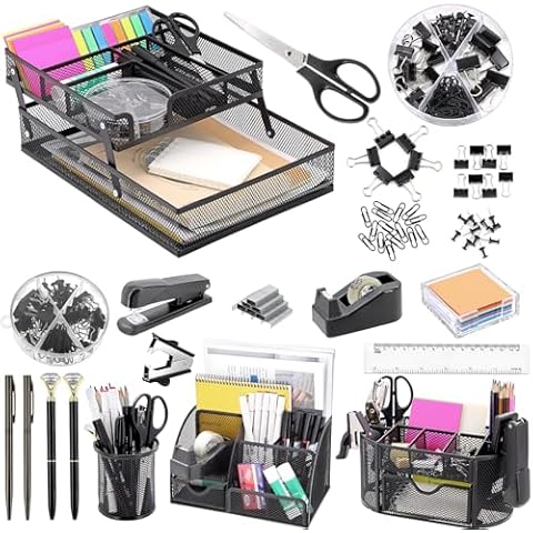 17 in 1 Black Desk Organizers and Accessories Set & Foldable Desk Drawer Organizer, 3 Office Desk Supplies Storage Organization with Pens, Stapler, Tape, Clips, Ruler, Sticky for School Makeup Vanity Cover