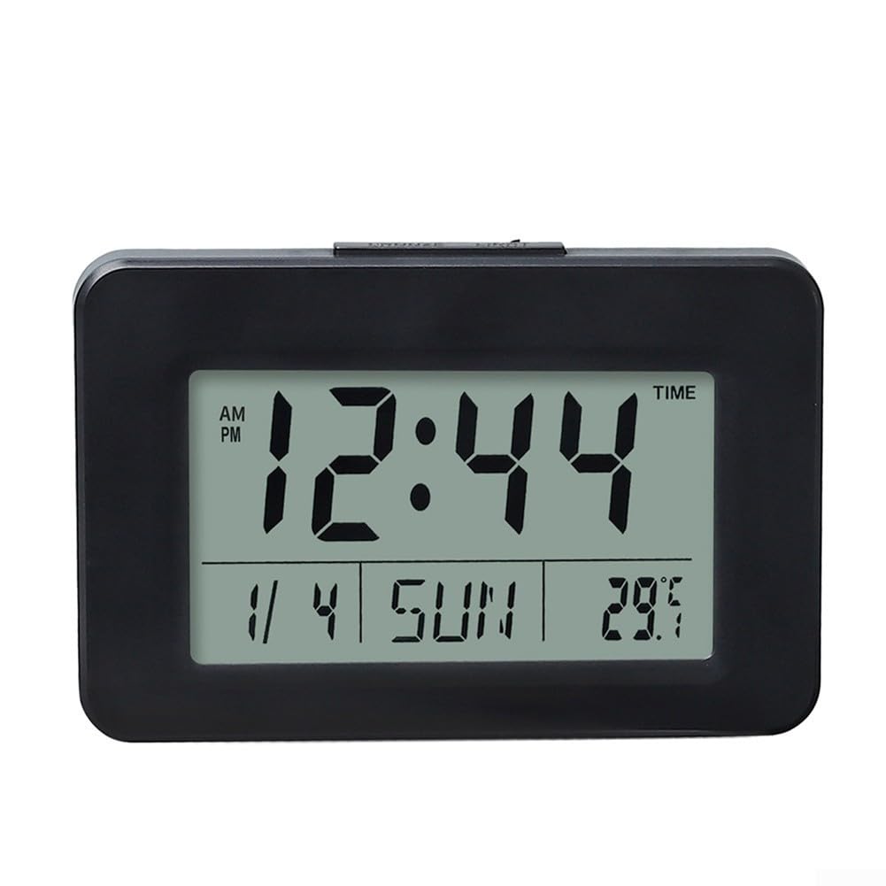 Reloj despertador digital con pantalla LCD para calendario perpetuo, monitor de temperatura y humedad, 9 tonos musicales, formato 12/24h, retroiluminación para dormitorio, escritorio, oficina