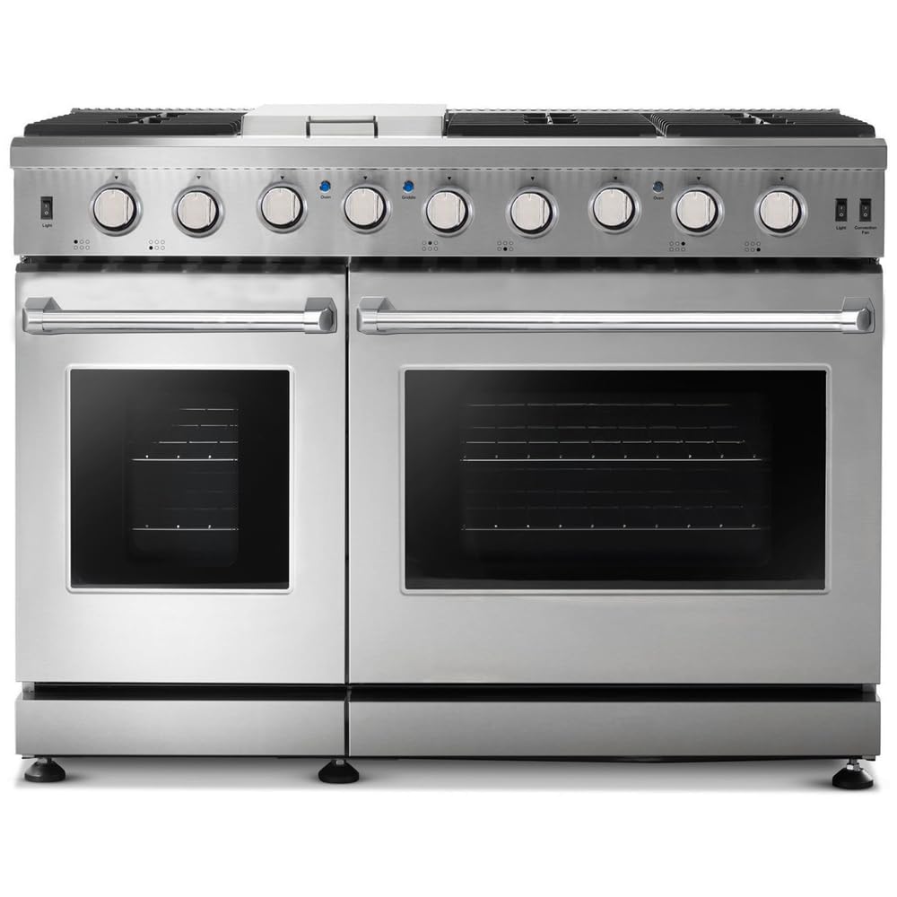 48-inch Pro-Style Natural Gas Range or Liquid Propane Gas Range with  high-powered Burners, Griddle Cooktop, and Double Oven, in
