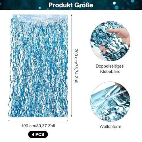 APOMOONS 4 Stück Lametta Vorhang Blau, Glitzervorhang Welle Glitzer Vorhang Geburtstag Lametta Vorhänge für Hochzeit Fotowand Bühnendekor Foto Hintergrund Party Deko Luftschlangen (1 m X 2 m)