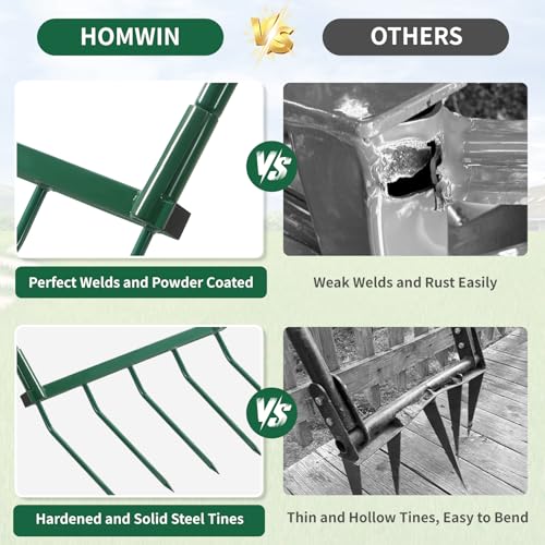 Homwin Broadfork Garden Tool with Steel Handle Heavy Duty Five Tines Broad Fork for Gardening Loosening and Aerating Soil, U-Shaped Design Hand Tiller, Compost Turner and Aerator
