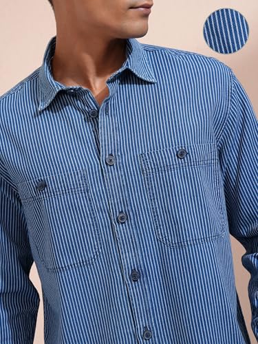 Image of Locomotive Premium Men Washed Dobby Textured Utility Pocket Oversized Over Shirt Blue