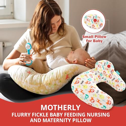 Image of Motherly Maternity Feeding Pillow for Newborn Baby with Detachable Cotton Cover & Convinient Side Pocket, Nursing Pillow with Extra Baby Head Pillow, Infant Support for Baby & Mom Cradle (Zoo)