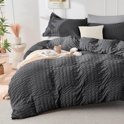 Image of HYMOKEGE Dark Grey /Light Grey King Size Comforter Set Seersucker 7 Pieces, All Season Luxury Bed in a Bag for Bedroom, Bedding Set with Comforter, Sheets, Pillowcases & Shams
