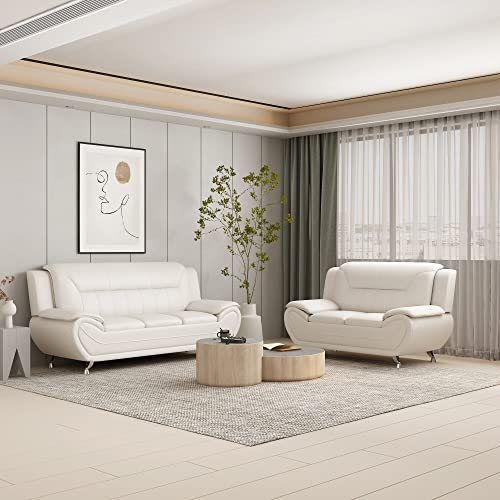 Container Furniture Direct Michael Modern Faux Leather Upholstered Stainless Steel Legs Living Room, Loveseat, Milky White #TOP1