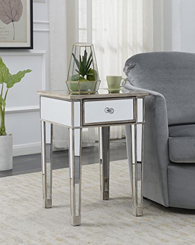 Convenience Concepts Gold Coast Mirrored End Table With Drawer, Weathered White #TOP1