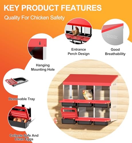 ZenxyHoC Two-Tier Chicken Nesting Box, 6 Hole Metal Chicken Egg Laying Box with Swing Perch and Rollout Egg Collection for Chicken Coop Red - Thumbnail 3