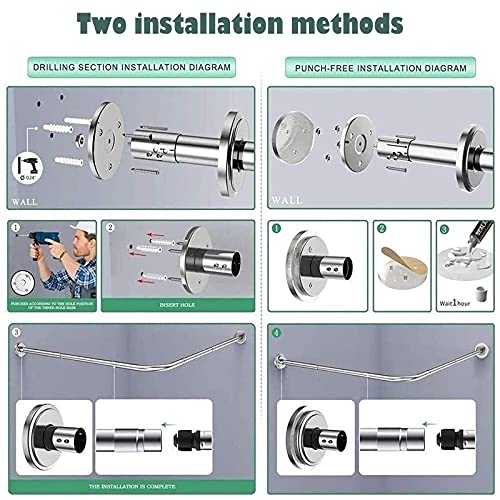 Tringle à rideau de douche réglable, tringle d'angle extensible en forme de L, acier inoxydable robuste, installation facile sans perçage, design incurvé pour un maximum d'espace