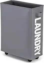 Cesto de roupa suja fino com rodinhas de 63,5 cm, cesto de roupa suja dobrável com alça, organizador e organizador de roupa suja dobrável, cesto de armazenamento alto Modelo Atualizado (Cinza Escuro)