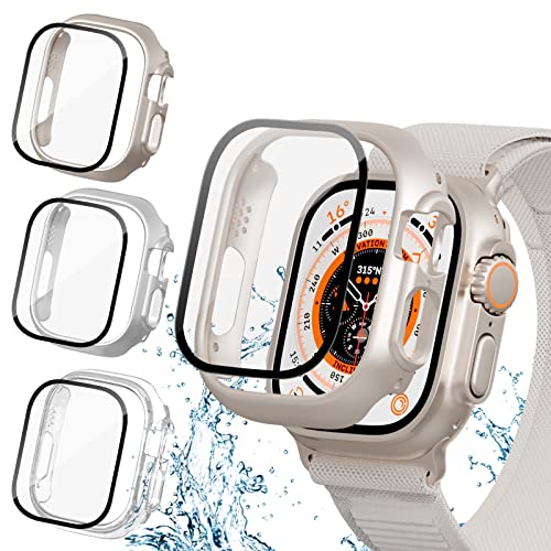 [3+3] Pack for Apple Watch Ultra 49mm Screen Protector Case, Haojavo 3 Pack Waterproof Face Cover Hard PC Protective Bumper Shell + 3 Pack Tempered Glass Film for iWatch Ultra 49mm Accessories