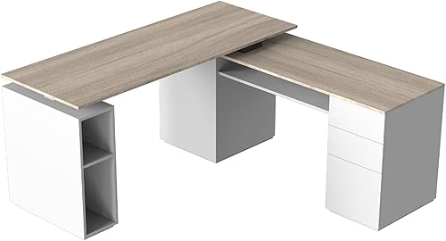 CubiCubi Escritorio ejecutivo de pie en forma de L de 63 pulgadas con archivador de 3 cajones, escritorio eléctrico de altura ajustable para oficina